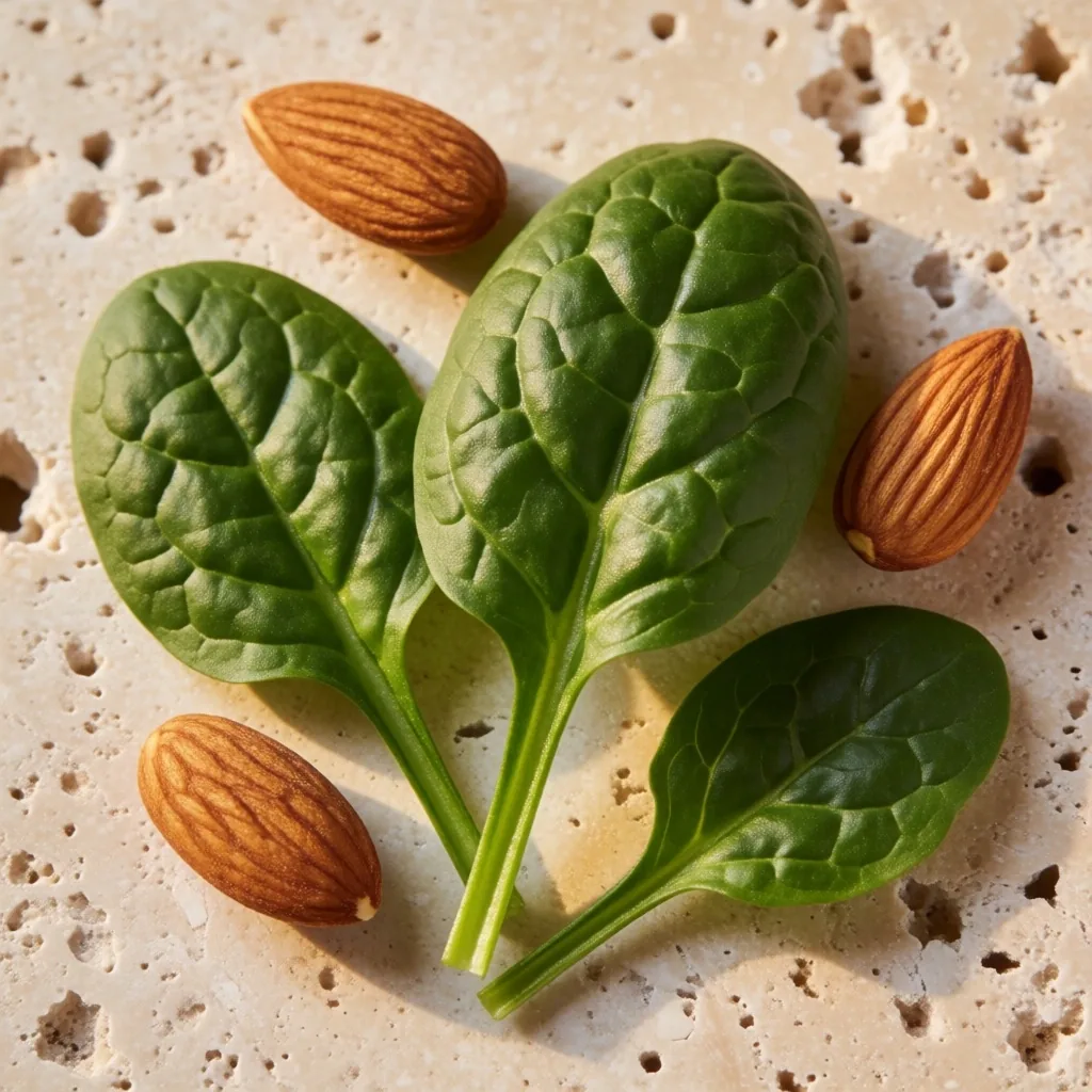 Spinach leaves and almonds on travertine stone