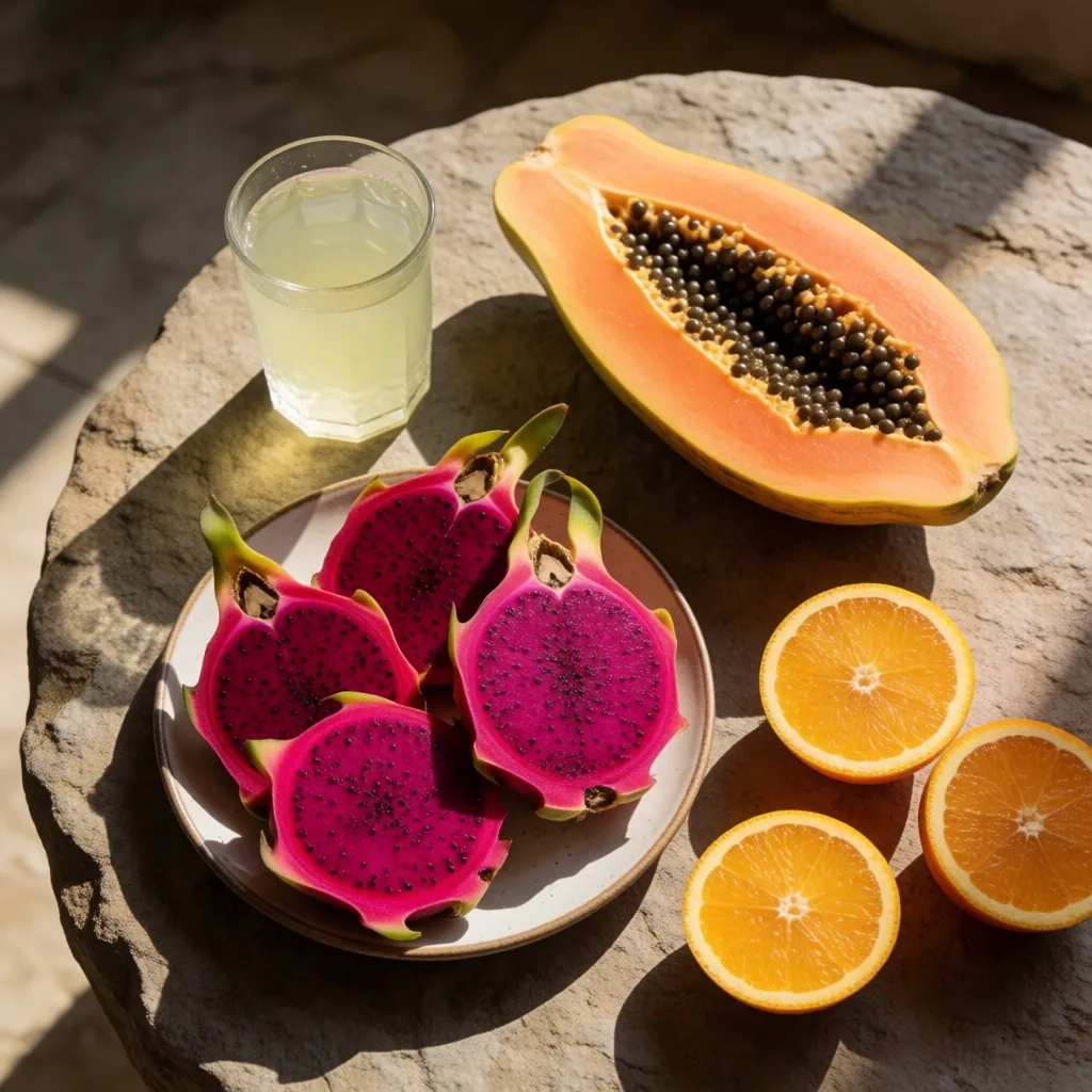 Hydrating fruits on a stone surface