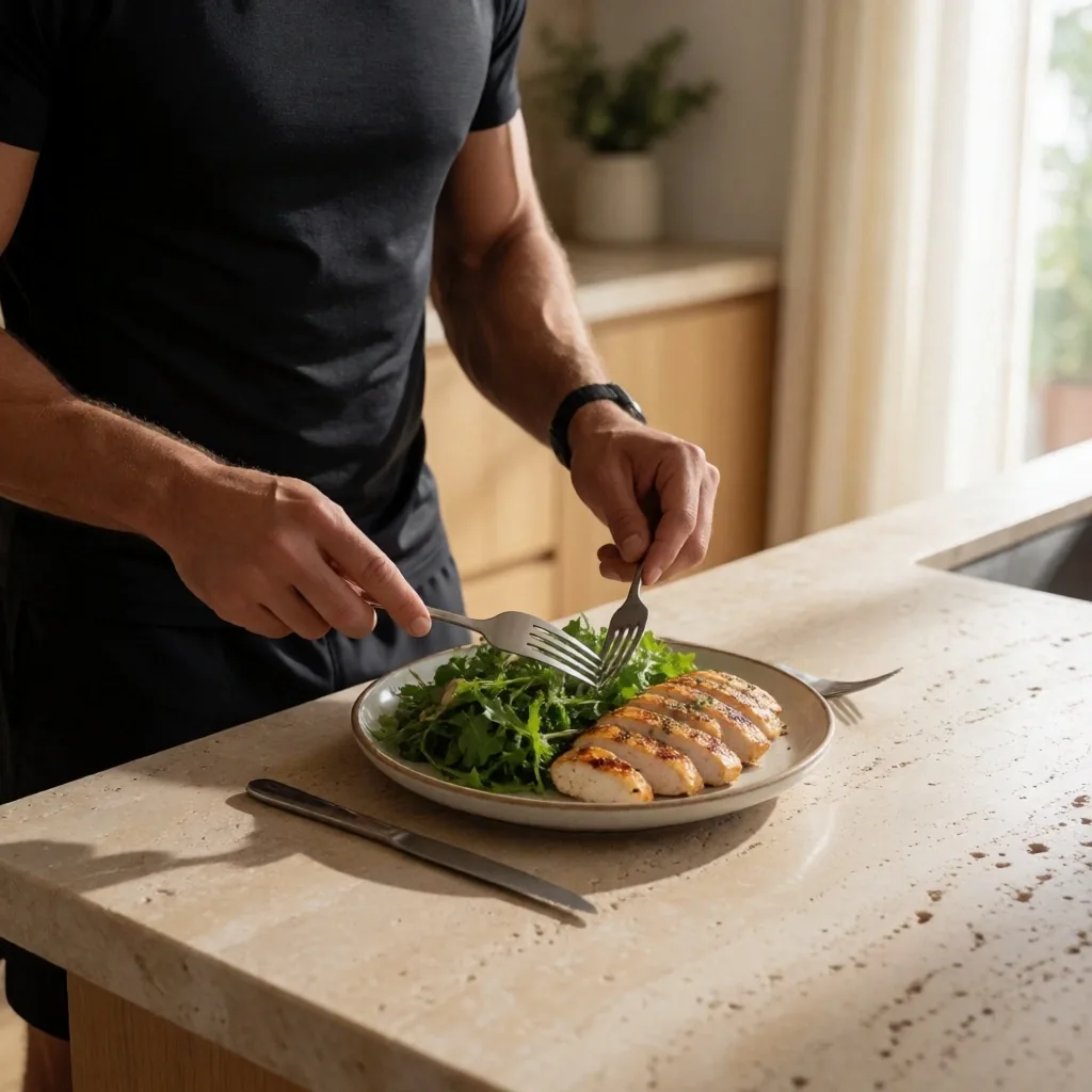 Man preparing a nutritious meal in a sunlit minimalist kitchen