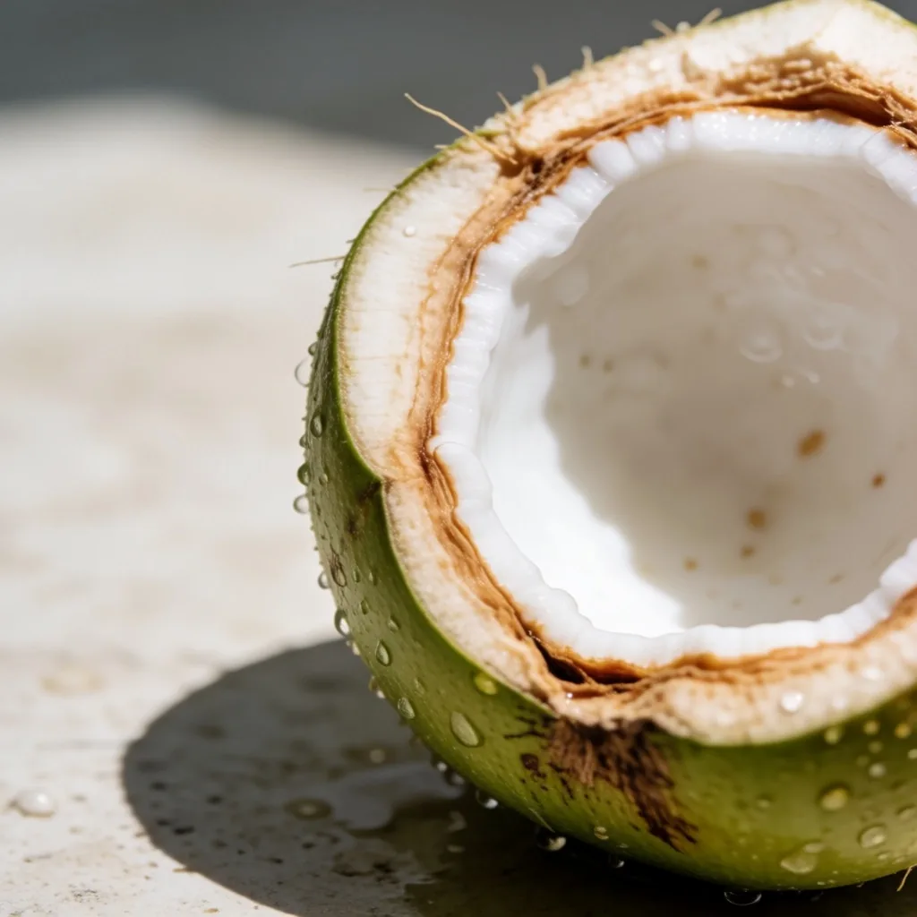 Fresh young coconut with coconut water on stone surface