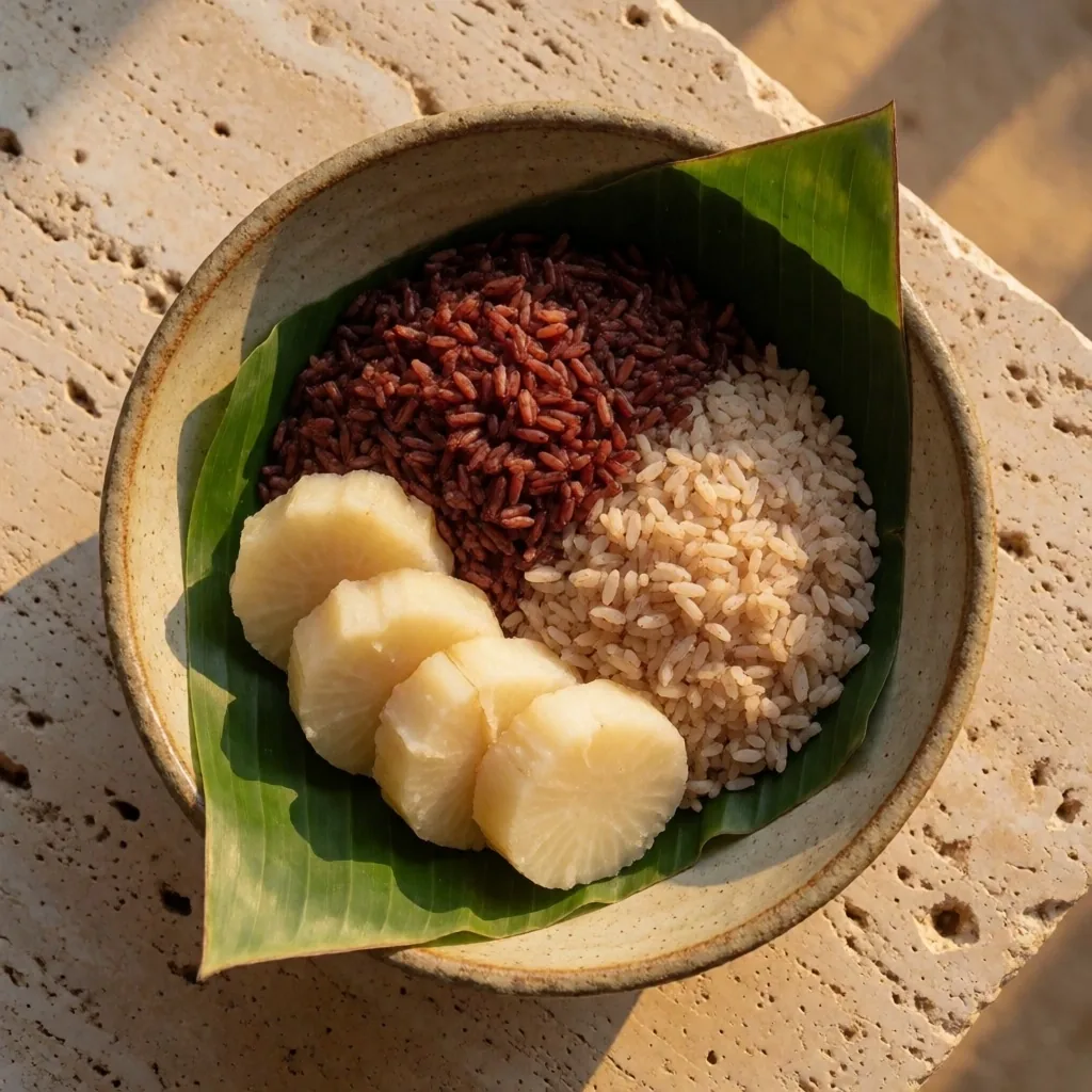 Bowl of red and brown rice with cassava on a stone surface