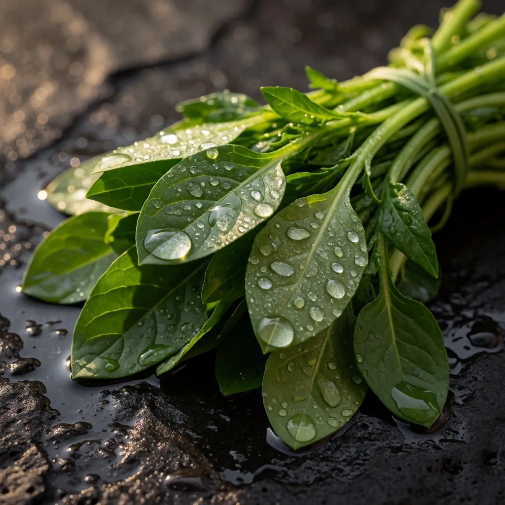 Fresh kangkung and sawi greens with water droplets on dark stone