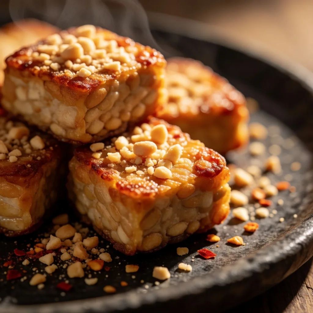 Pan-fried tempeh cubes and fresh tofu on a stone plate