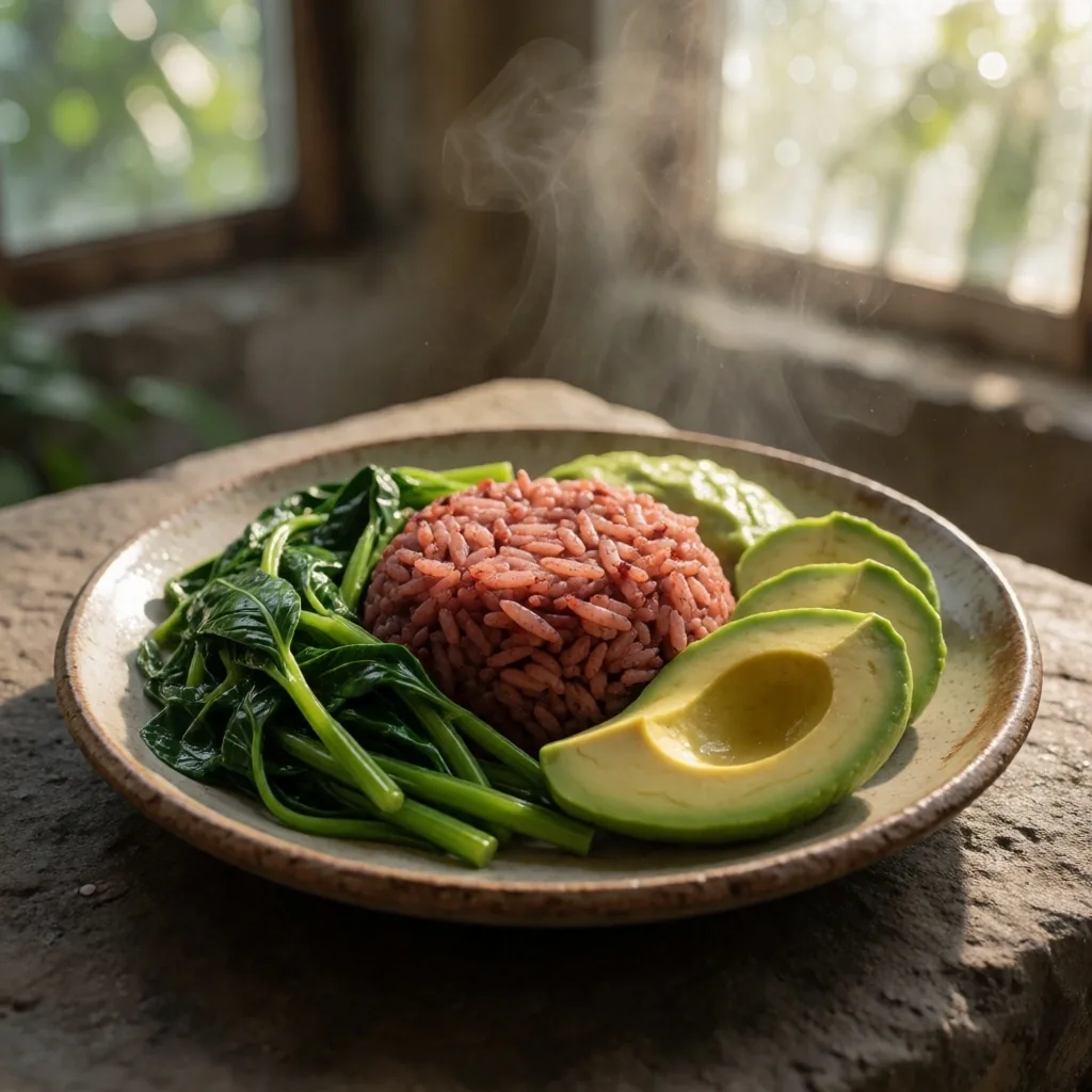 Plant-based morning fuel on a travertine kitchen counter in warm dawn light