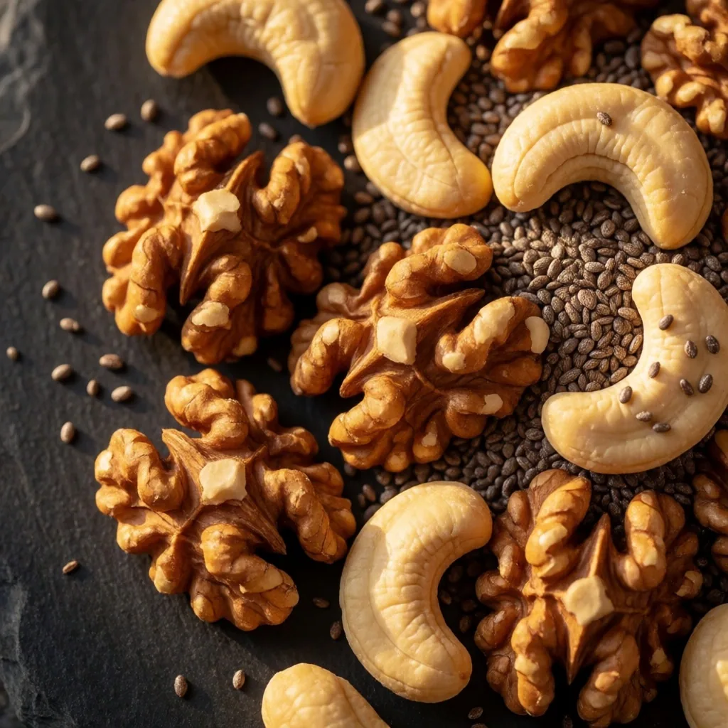 Walnuts, cashews, and chia seeds scattered on dark stone