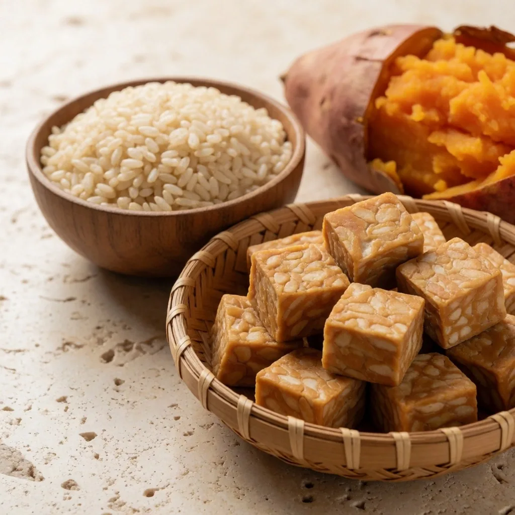 Assorted local Indonesian foods on stone surface