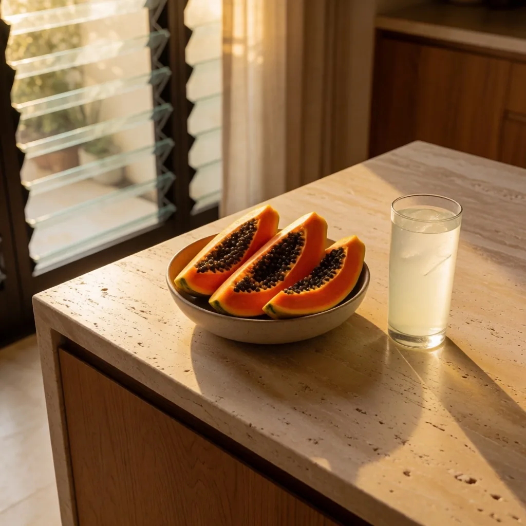 Morning kitchen with fresh tropical fruits and hydration